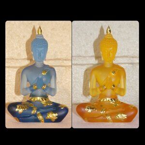 BUDDHA STATUE-2 SET-Blue & Orange Glaze Resin-4.5"-Shakyamuni with Gold Flowers